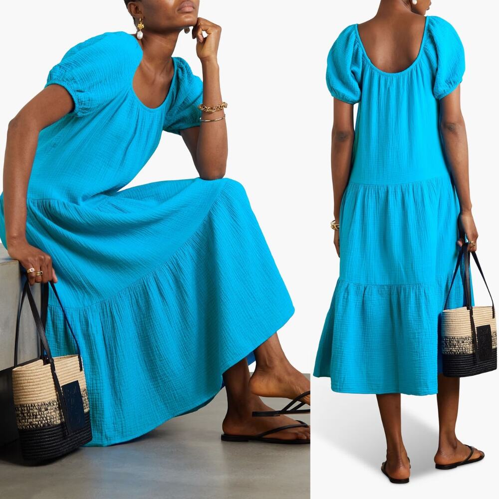 Tiered Puff-Sleeve Midi Dress in Bright Turquoise